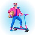 Courier on electric scooter with package box. Delivery service concept. Vector illustration Royalty Free Stock Photo