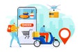 Courier fast food delivery service, vector illustration. Express order shipping by man at bike, drone and transport