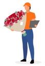 Courier with flowers flat vector character. Bouquets delivery service concept. Deliveryman, postman delivered gift and holding