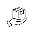 Courier Give Cardboard Packaging Outline Icon. Receive Present in Carton Package Line Icon. Parcel Box in Hand Delivery