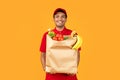 courier guy holds grocery paper bag with products in studio