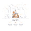 The courier guy is in a hurry to deliver pizza. A young man makes a delivery. A man rides a scooter on the road. Royalty Free Stock Photo