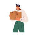 Courier holding box. Delivery service of parcel, order concept. Deliverer in cap delivering, carrying cardboard package