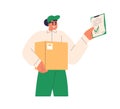 Courier holding parcel and document. Female postman from delivery service. Postman delivering order in box package and