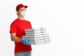 Courier holds many pizza boxes on white background