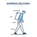 Courier icon. Delivery man walking with a backpack. Vector illustration of a delivery boy in a hat walking with parcel box on the Royalty Free Stock Photo