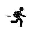 Courier icon, fast delivery, man runs, carries a box, delivery of parcels vector illustration, stick figure man isolated