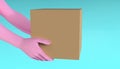 Courier man holding cardboard boxes with copy space. Fast delivery, express product delivery concept. closeup hand holding parcel