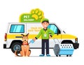 Courier man holding dog next to animal crate Royalty Free Stock Photo