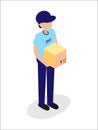 Courier man isometric front view. Delivery man with box. Fast delivery concept.