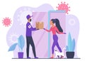 Courier in mask and gloves gives online order to self isolated girl concept flat vector illustration. Young woman gets