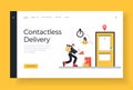 Courier in mask making contactless delivery in time. Banner template Royalty Free Stock Photo