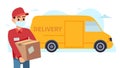 Courier with medical mask. Man holding box, van on background, male character express shipping food, shopping service