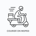 Courier on moped line icon. Vector outline illustration of express delivery. Scooter pizza guy pictorgam Royalty Free Stock Photo