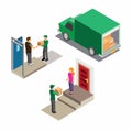 Courier package delivery, online shop with green uniform isometric illustration vector