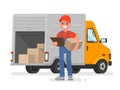 Courier with the parcel on the background of the delivery service van Royalty Free Stock Photo