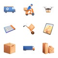 Courier parcel delivery icon set, cartoon style