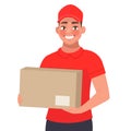 Courier with the parcel. A delivery man in red uniform holds a cardboard box in his hands Royalty Free Stock Photo