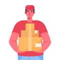 Courier with the parcel. A delivery man in red uniform holds a cardboard box in his hands. Fast courier. Restaurant food service, Royalty Free Stock Photo