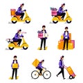 Courier parcels, food or flowers delivery service. Vector flat illustrations. Man with package box on bike and scooter