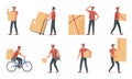 Courier people work in delivery service set, young deliveryman holding cardboard box