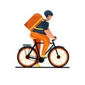 Courier person character riding a bicycle with a delivery box. Courier bicycle delivery service.