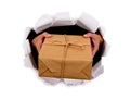 Courier or postman hands delivering or giving small parcel through torn white paper background