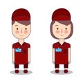 courier red color costume uniform boy and girl employee company industry professional delivery worker