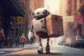 courier robot, carrying parcel of urgent documents on crowded city street