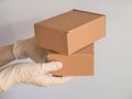 Courier`s hands in latex white medical gloves deliver parcels in brown cardboard boxes to the door during the epidemic of