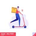 Courier on scooter delivering food in box. Food delivery service. Concept of fast delivery, shipping, logistics transport, order Royalty Free Stock Photo