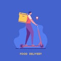 Courier on scooter delivering food in box. Food delivery service. Concept of fast delivery, shipping, logistics transport, order Royalty Free Stock Photo