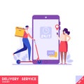 Courier on scooter delivering food to customer. Mobile delivery service. Concept of food delivery, logistics transport, order Royalty Free Stock Photo