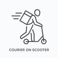 Courier on scooter line icon. Vector outline illustration of express delivery. Eco delivery guy pictorgam