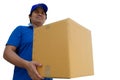 Delivery man in blue uniform handing parcel box to recipient Royalty Free Stock Photo