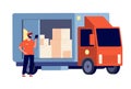Courier. Smiling guy with package, delivery lorry. Logistic service, man and boxes. Postman with parcel. Shipping worker