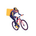 Courier in sportswear with bicycle delivering packages in city. Delivery man riding fast electric bike. Delivery service