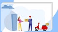 Courier Transportation of Cartoon Package on Web. Delivery service worker in uniform delivering parcel to woman. Mail