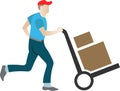 The courier transports parcels on a trolley. Vector illustration. Royalty Free Stock Photo