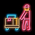 Courier with Trolley on Wheels neon glow icon illustration Royalty Free Stock Photo