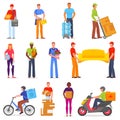 Courier vector postman character of delivery service delivering parcel box or package illustration set of deliveryman