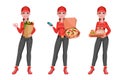 Courier woman with food, set of three poses