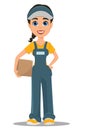 Courier woman holding carton box. Professional fast delivery.