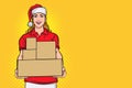 Courier woman in red santa claus Delivery service holding boxes