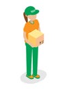 Courier young woman isometric front view. Delivery young woman with box. Fast delivery concept.