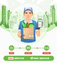 Couriers deliver vegetable orders from supermarkets. online grocery shopping app at smartphone vector illustration