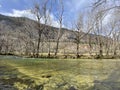 The course of the river Orbe between the cave or spring and the settlement of Vallorbe der Fluss Orbe or le fleuve de l`Orbe Royalty Free Stock Photo