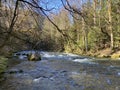 The course of the river Orbe between the cave or spring and the settlement of Vallorbe der Fluss Orbe or le fleuve de l`Orbe Royalty Free Stock Photo