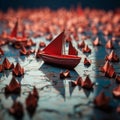 Course for victory Red boat guides paper boats on world map, embodying collaborative leadership