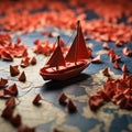 Course for victory Red boat guides paper boats on world map, embodying collaborative leadership